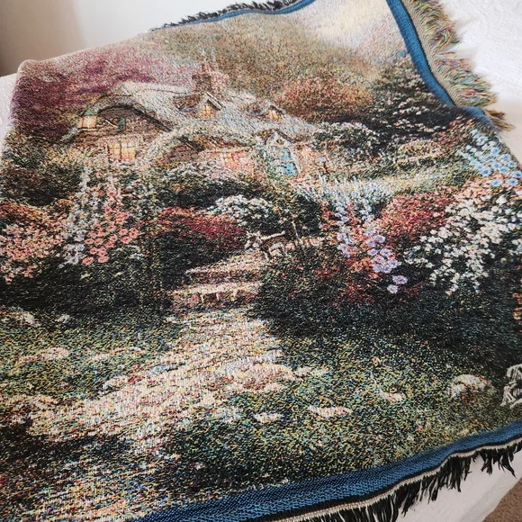 THOMAS KINKADE Painter Of Light Tapestry Cottage Made USA Fringe Cotton 40 x 60 - Picture 4 of 9